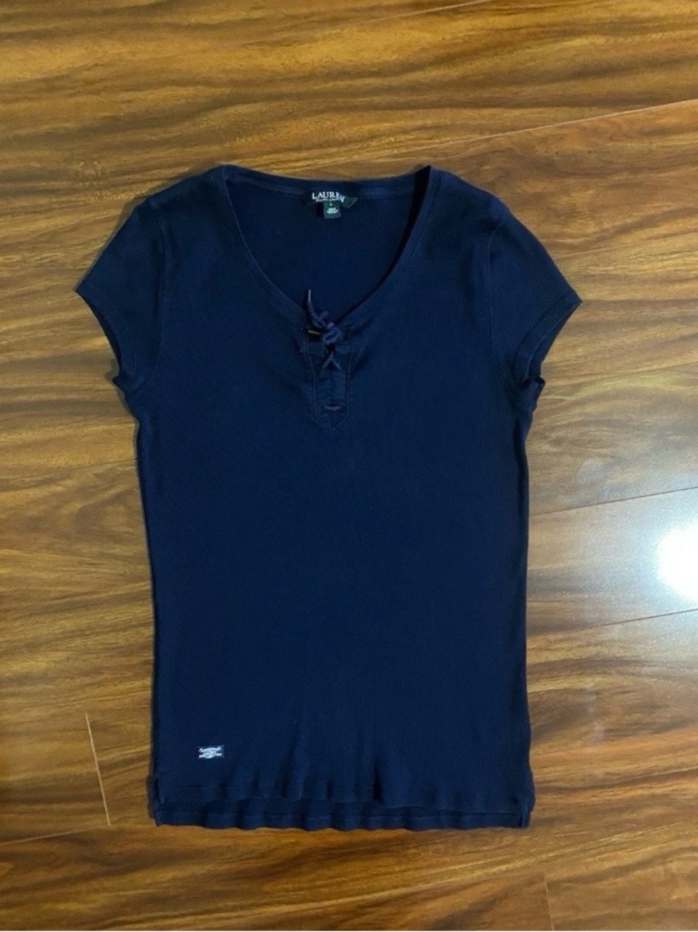 Vintage Lauren  Ralph Lauren Navy Short Sleeve V-Neck Ribbed Top with Lace-Up